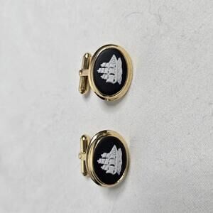 Wedgwood Black Jasperware Gold Plated Cufflinks White Sailing Ship Golden Hind